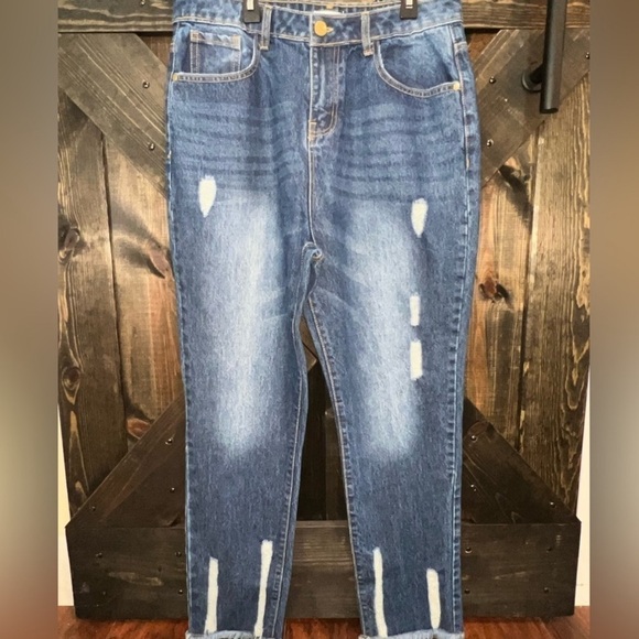 New Vintage Distressed Jeans 10 High Waist Ankle Fringe Hem Skinny Denim Medium - Picture 2 of 12